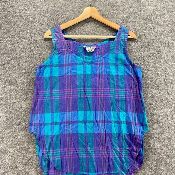 New Pazzle Blouse Women L Large Blue Plaid Sleeveless Wide Strap Round Neck - Picture 3 of 10